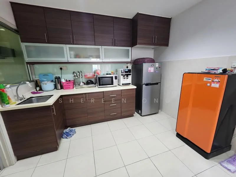 Kitchen features: brown wooden cabinetry, white countertop, single-bowl stainless-steel sink, chrome pull-down faucet, built-in microwave, freestanding range oven, stainless-steel fridge, orange fridge, ceramic tile flooring, wall-mounted cabinets with glass panels, kitchen utensils on countertop, dish soap dispenser, cleaning supplies on countertop; style: modern.