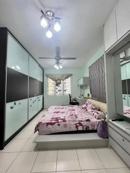 Bedroom features: queen-size bed with floral bedding, upholstered headboard, built-in wardrobe with sliding doors, white walls, light green accent wall, ceiling fan with light, recessed lighting, large window with curtain, desk and chair, floor tiles, decorative wall panel, mirror on wardrobe; style: modern.