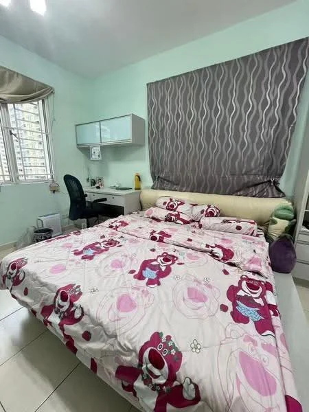 Bedroom features: queen-size bed with patterned bedding, upholstered headboard, wall-mounted desk with chair, built-in wardrobe, floor-to-ceiling window, light green painted walls, tile flooring, curtains, decorative wall panel, study lamp; style: modern.