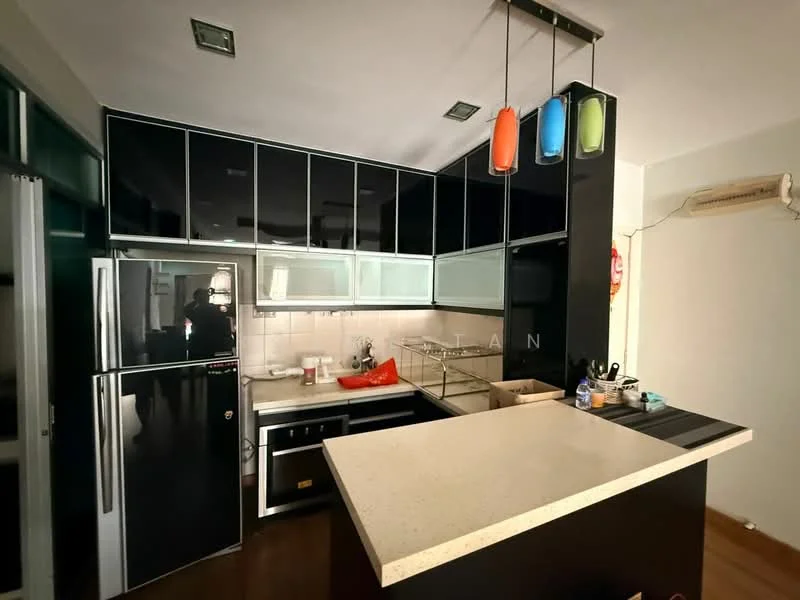 Kitchen features: black cabinetry with glass fronts, white quartz countertop, stainless-steel fridge, built-in oven, 4-burner gas hob, stainless-steel range hood, single-bowl stainless-steel sink, chrome pull-down faucet, pendant lights in multiple colors, tile backsplash, wood flooring, wall-mounted split AC; style: modern.