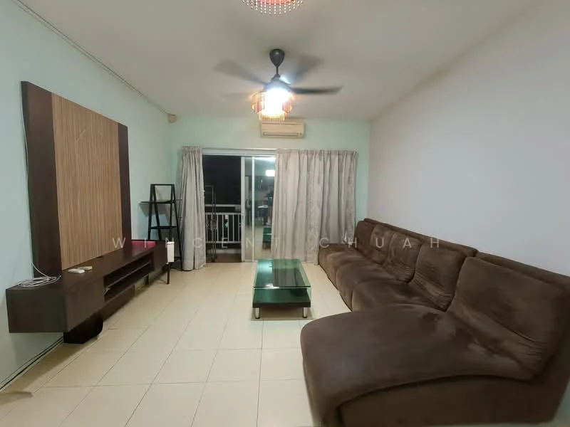Living features: L-shape sectional sofa in brown, glass coffee table, wall-mounted TV console in wood, floor-to-ceiling windows, curtains, wall-mounted air conditioning unit, ceiling fan with light, cream tiled flooring, light green painted walls; style: modern.