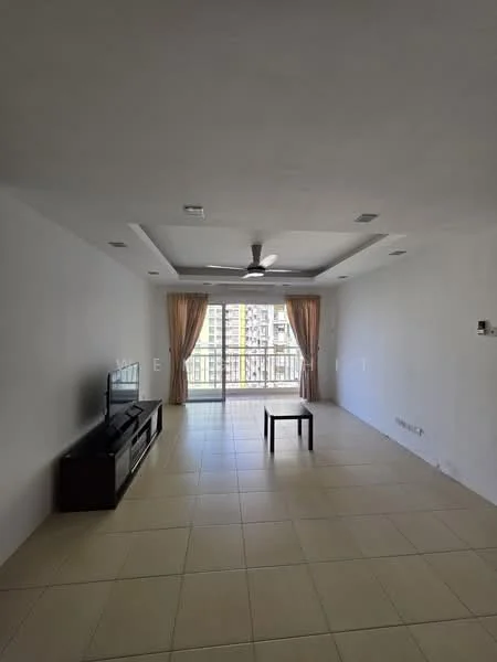 Living features: white painted walls, ceiling with recessed downlights, 5-blade ceiling fan, large sliding glass door, floor-to-ceiling windows, cream-colored curtains, tiled flooring, black TV console, small coffee table; style: modern; view: city.