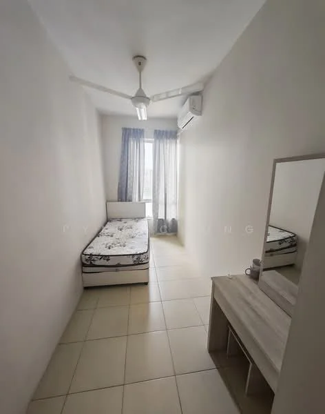 Bedroom features: single bed with floral bedding, ceiling fan, wall-mounted split AC, floor-to-ceiling window with sheer curtains, light-colored walls, tiled flooring, wooden dressing table, mirror on dressing table; style: modern; view: city.