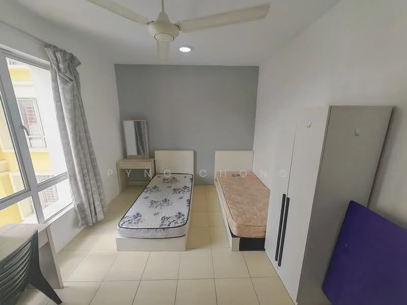 Bedroom features: two single beds, grey accent wall, white painted walls, ceiling fan, floor-to-ceiling windows, curtains, mirror, wardrobe, tile flooring, study desk; style: modern.
