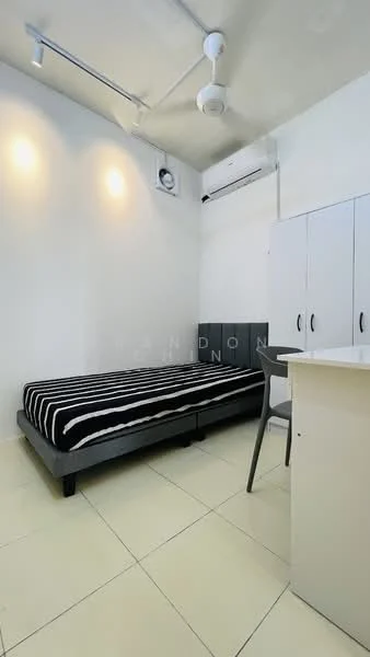 Bedroom features: single bed with black and white striped bedding, wall-mounted air conditioning unit, 5-blade ceiling fan, white painted walls, tile flooring, built-in wardrobe with white doors, study desk with chair, recessed lighting; style: modern.