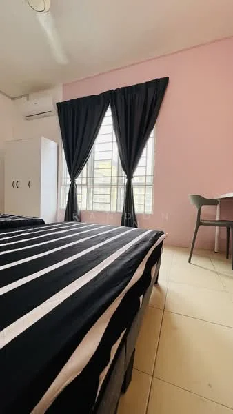 Bedroom features: black and white striped bedding, queen-size bed, floor-to-ceiling window, black curtains, light pink painted walls, white wardrobe with two doors, study desk with chair, air conditioning unit, tile flooring; style: modern.