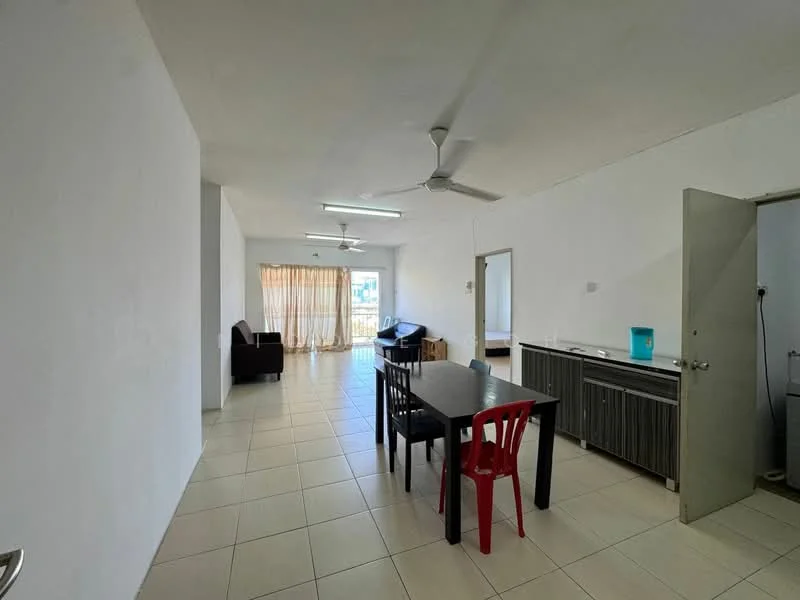Living features: white painted walls, tile flooring, 5-blade ceiling fan, sofa in dark color, dining table with black chairs, red plastic chair, large windows with sheer curtains, open layout, natural light, kitchen area visible, doorway leading to kitchen; style: modern.