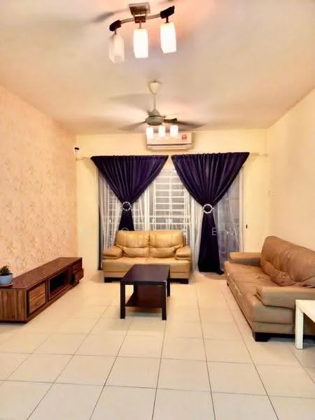 Living features: cream painted walls, textured accent wall, white ceiling, recessed downlights, 5-blade ceiling fan, two 3-seater leather sofas in beige, dark wood coffee table, TV console with storage, floor-to-ceiling windows with sheer curtains, dark purple curtains, white tiled flooring; style: modern.