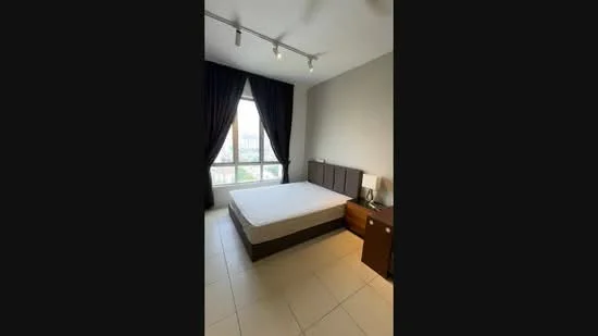 Bedroom features: queen-size bed, upholstered headboard, nightstand, table lamp, floor-to-ceiling window, blackout curtains, light-colored walls, tile flooring, track lighting; style: modern; view: city.
