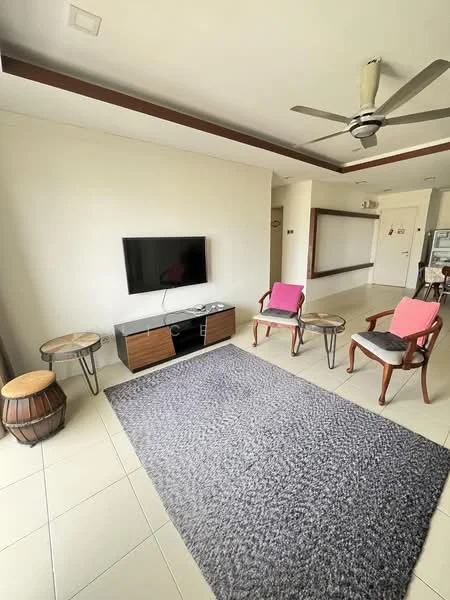 Living features: light grey area rug, flat-screen TV on console, wooden TV console, two pink upholstered chairs, two wooden side tables, ceiling fan, cream painted walls, tile flooring; style: modern.