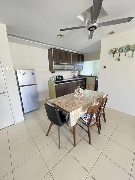 Kitchen features: brown cabinetry, stainless-steel fridge, built-in oven, freestanding range oven, ceramic tile flooring, 5-blade ceiling fan, dining table with floral tablecloth, 4 dining chairs, white walls, countertop with backsplash, microwave, kitchen island, open shelving; style: modern.