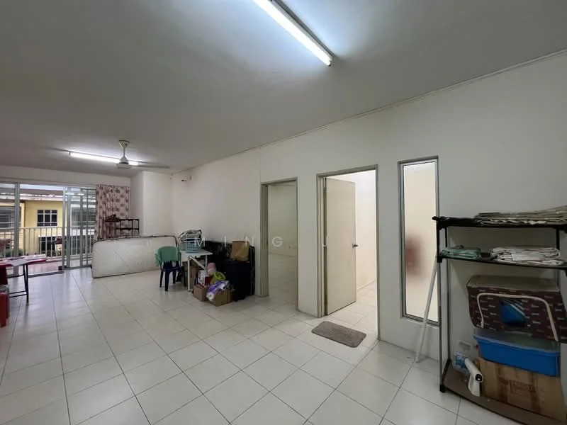 Room features: white painted walls, tile flooring, ceiling lights, 1 ceiling fan, open layout, storage shelves, green plastic chair, various boxes and items on floor.