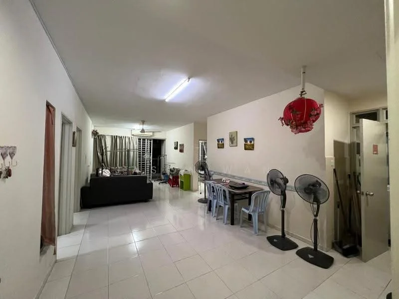 Living features: white painted walls, glossy tile flooring, 5-blade ceiling fan, sofa in black fabric, coffee table, wall-mounted artwork, curtains, floor-to-ceiling windows, area rug, decorative ceiling light; style: modern. Dining features: dining table with chairs, white walls, tile flooring, decorative wall art, light fixture, two standing fans; style: modern.