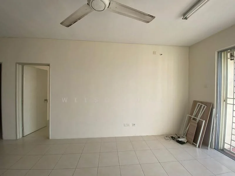 Room features: white painted walls, tile flooring, ceiling fan, sliding glass door, natural light from window, empty wall space, doorway leading to another room, minimal decor; style: minimalist.