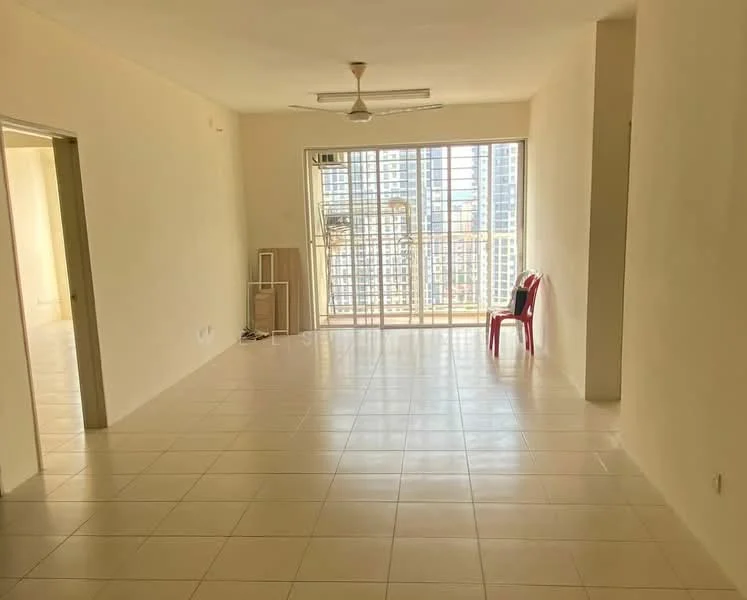 Living features: white painted walls, tile flooring, 5-blade ceiling fan, floor-to-ceiling windows, sliding glass door, city view, natural light, empty space, one red plastic chair; view: city.