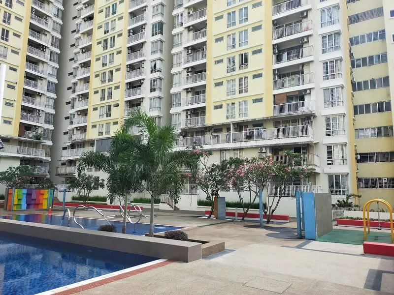 Exterior type: high-rise condominium; features: swimming pool, children's playground, manicured landscaping, balconies on residential units, paved walkways, colorful play area with equipment, tropical plants, pool deck with loungers; style: modern.