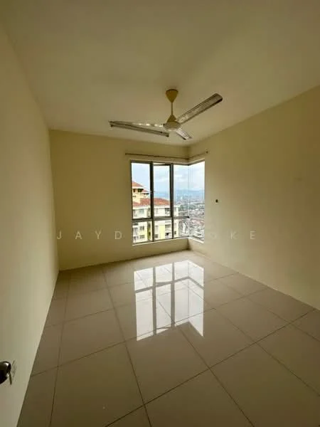 Room features: plain white walls, glossy ceramic tile flooring, ceiling fan, large floor-to-ceiling window, mountain view, natural light, neutral color scheme, no visible furniture; style: modern; view: mountain.