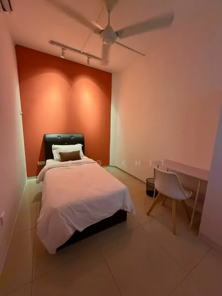 Bedroom features: single bed, upholstered headboard, white bedding, desk with chair, ceiling fan, recessed lighting, red accent wall, cream painted walls, tile flooring; style: modern.