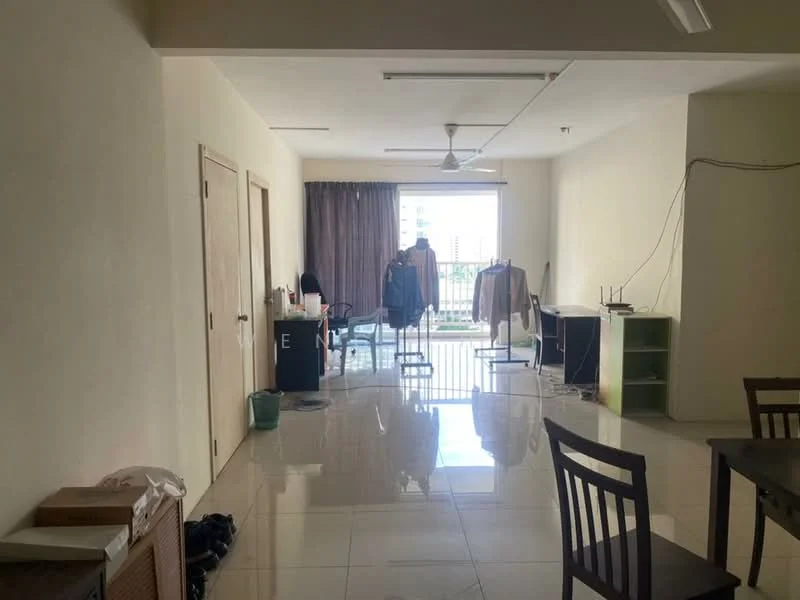 Living features: white painted walls, glossy tile flooring, 5-blade ceiling fan, floor-to-ceiling windows, curtains, dining table with chairs, green shelving unit, clothes drying rack, balcony access, decorative items on table; style: modern; view: city.