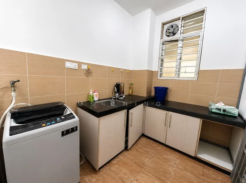 Laundry features: black countertop, light wood cabinetry, washing machine, tile backsplash, cream tiled walls, brown tiled flooring, window with metal grille, sink, plastic bucket; style: modern.