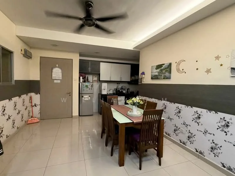Dining features: dining table with 6 wooden chairs, white walls with grey accent wall, floral wallpaper at the bottom half, recessed ceiling lights, ceiling fan, tile flooring, framed artwork on the wall, kitchen cabinetry visible in the background, refrigerator, microwave, sink, kitchen appliances, window with sheer curtains; style: modern.