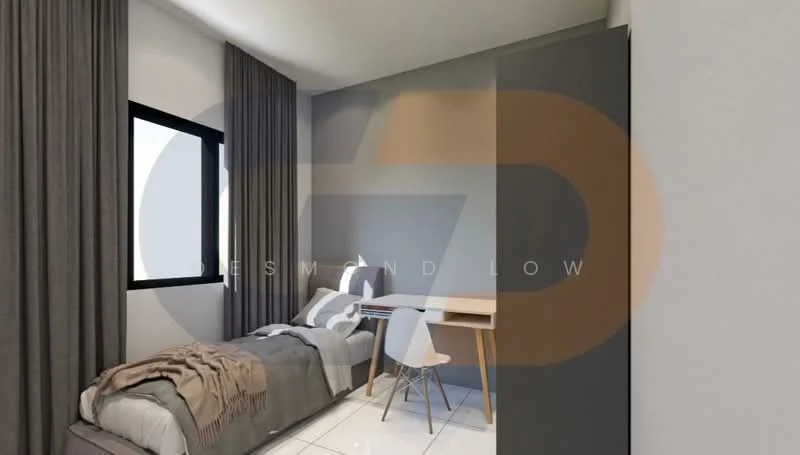 Bedroom features: single bed with grey bedding, wooden study desk, white chair, floor-to-ceiling window, grey curtains, white walls, glossy tile flooring, built-in wardrobe with sliding doors; style: modern.