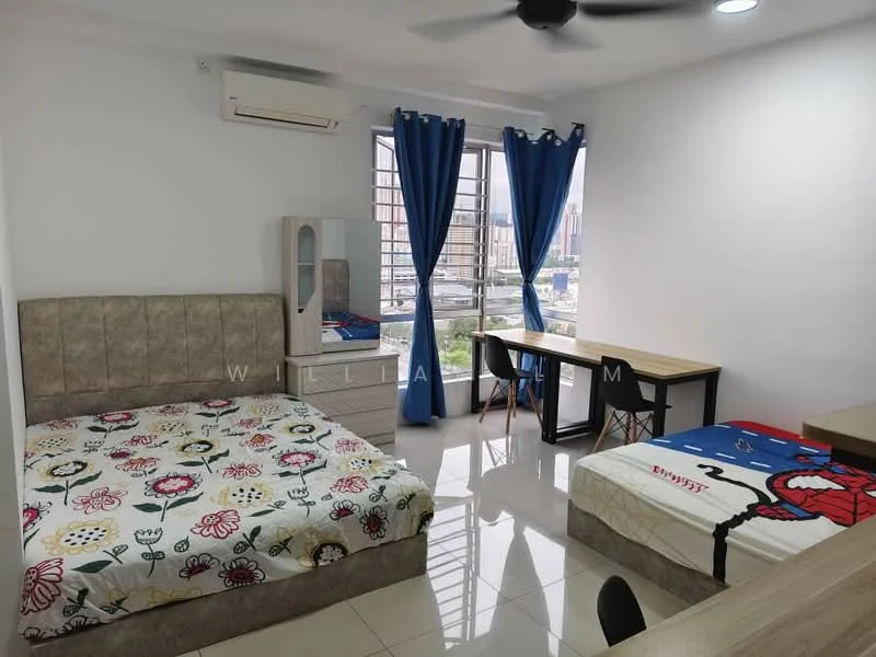Bedroom features: queen-size bed with upholstered headboard, single bed, bedding with floral pattern, bedding with cartoon design, study desk, black dining chair, wooden flooring, floor-to-ceiling window, blue curtains, wall-mounted air conditioning unit, light ceiling fan, mirror-fronted wardrobe; style: modern; view: city.