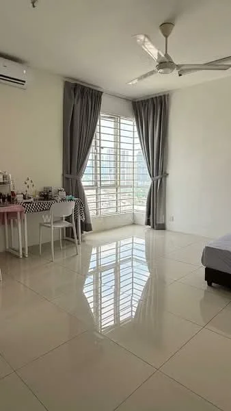 Room features: white painted walls, glossy tile flooring, floor-to-ceiling windows, grey curtains, ceiling fan, dressing table, white chair, bed with dark frame, reflected light on floor; style: modern; view: city.
