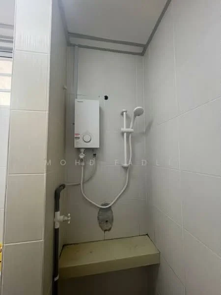 Room features: white tiled walls, white tiled flooring, water heater, shower head, shower hose, drain, shelf, pipe fittings.