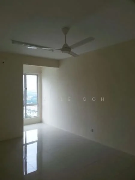 Room features: white painted walls, glossy tile flooring, ceiling fan, floor-to-ceiling window, city view; view: city.