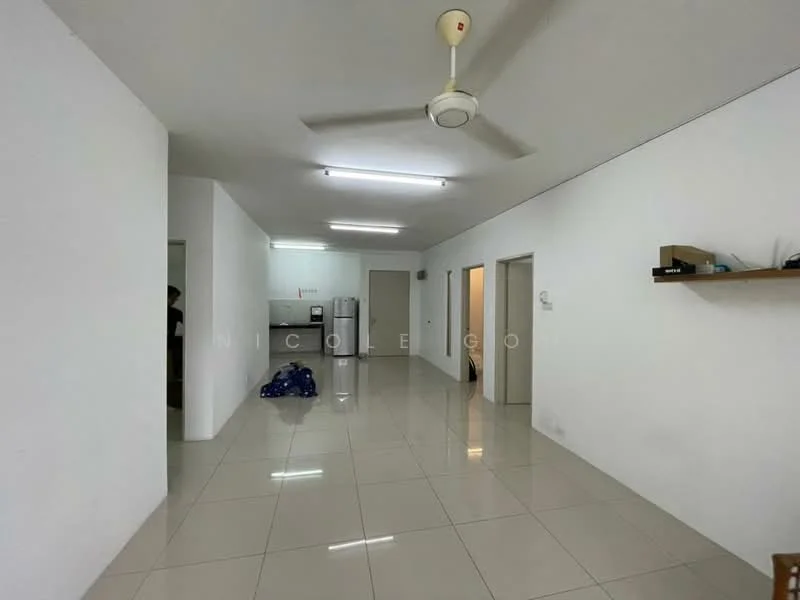 Living features: white painted walls, glossy ceramic tile flooring, ceiling fan, recessed ceiling lights, open layout, shelving unit on wall, doorway to kitchen, doorway to hallway; style: modern. Kitchen features: kitchen cabinetry, stainless-steel fridge, doorway access from living room; style: modern.