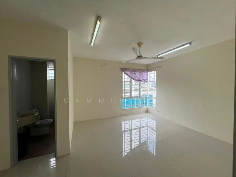 Living features: white painted walls, glossy tile flooring, ceiling fan, large windows with sheer curtains, natural light, neutral color scheme, corner window, light fixtures on ceiling; style: modern; view: city. Bathroom features: one-piece toilet, sink with cabinet, tile flooring, window for ventilation.