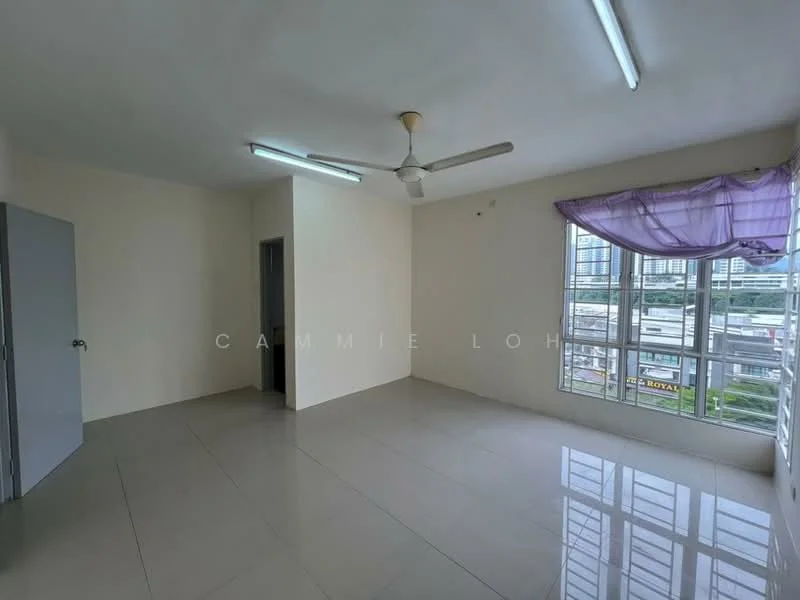 Room features: white painted walls, glossy tile flooring, ceiling fan, large windows, purple sheer curtains, neutral ceiling, corner room, city view; style: modern; view: city.