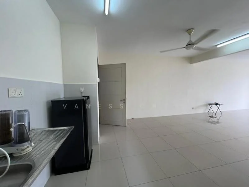 Room features: white painted walls, light-colored tiled flooring, ceiling fan, door, kitchen countertop, black refrigerator, sink, empty space; style: minimalist.