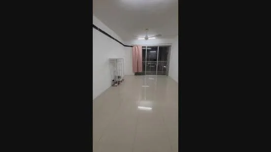 Living features: white painted walls, glossy tile flooring, 5-blade ceiling fan, floor-to-ceiling windows, sliding glass door, sheer curtains, balcony access, neutral color scheme; style: modern; view: city.