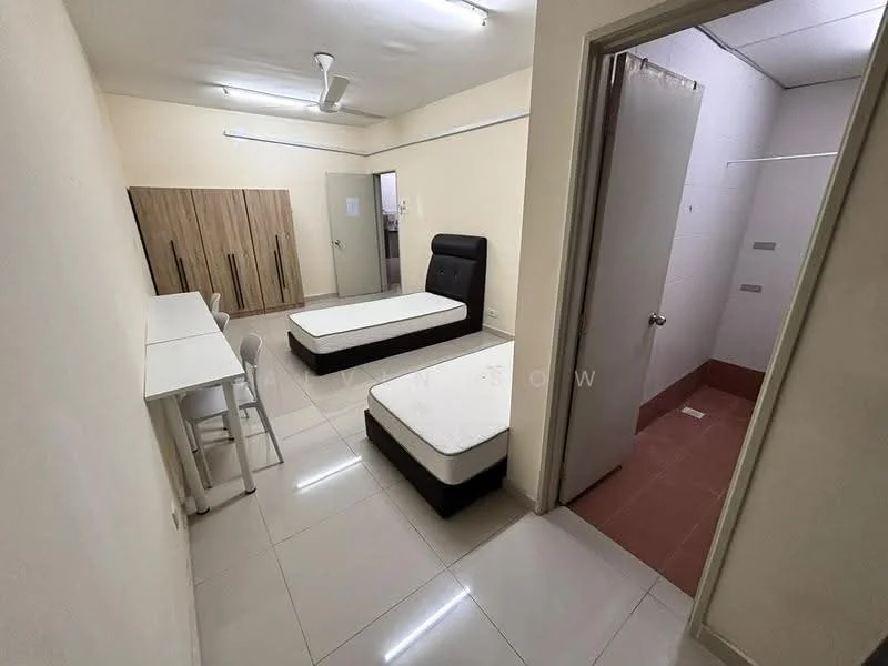 Bedroom features: two single beds, black upholstered headboard, white mattress, white tiled flooring, ceiling fan, built-in wardrobe with wooden doors, study table with four white chairs, neutral painted walls, door leading to bathroom; style: modern. Bathroom features: tiled flooring, white tiled walls, shower area, toilet, sink with mirror; style: modern.