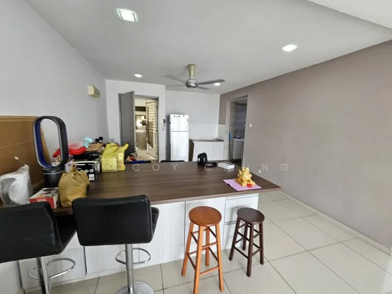 Kitchen features: bar counter with stools, stainless-steel fridge, ceiling fan, white tiled flooring, grey painted walls, kitchen cabinetry, open layout, wall-mounted light fixtures; style: modern. Room features: doorway leading to hallway, white walls, light-colored flooring.