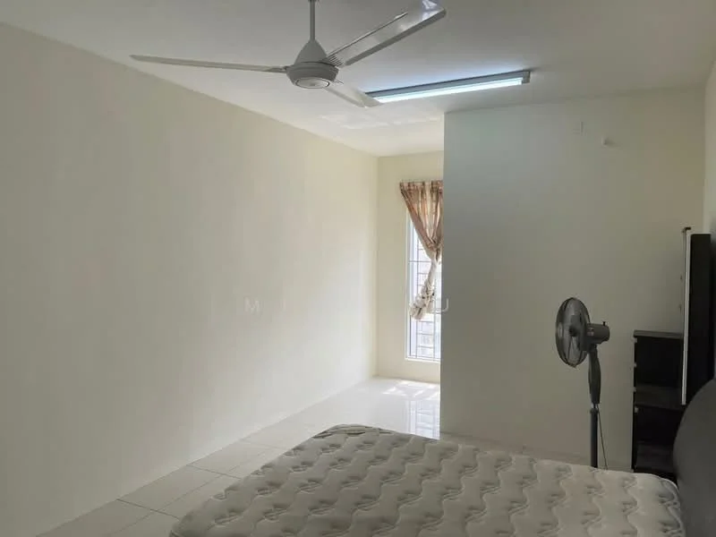 Bedroom features: white painted walls, glossy white tile flooring, 5-blade ceiling fan, window with sheer curtains, single bed mattress, freestanding fan, built-in wardrobe, natural light from window.