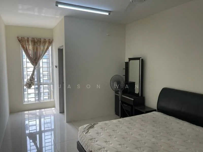 Bedroom features: queen-size bed, black leather headboard, white mattress, floor-to-ceiling windows, sheer curtains, white painted walls, glossy tile flooring, ceiling light fixture, wall-mounted mirror, study desk, black wooden chair, standing fan; style: modern; view: city.