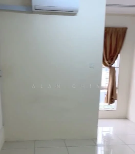Room features: cream painted walls, white tiled flooring, floor-to-ceiling window, sheer curtains, wall-mounted split AC.