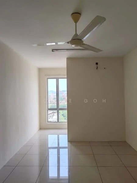 Room features: white painted walls, glossy ceramic tile flooring, 5-blade ceiling fan, floor-to-ceiling windows, city view, natural light from windows; style: modern; view: city.