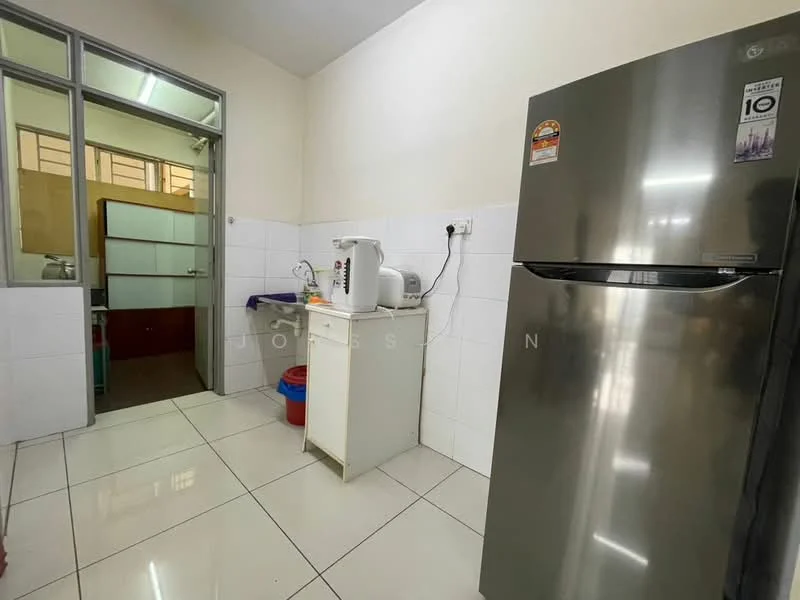 Kitchen features: stainless-steel fridge, white tiled walls, white tiled flooring, single-bowl stainless-steel sink, chrome pull-down faucet, built-in cabinets, countertop, kitchen appliances, window for natural light, light fixture; style: modern.
