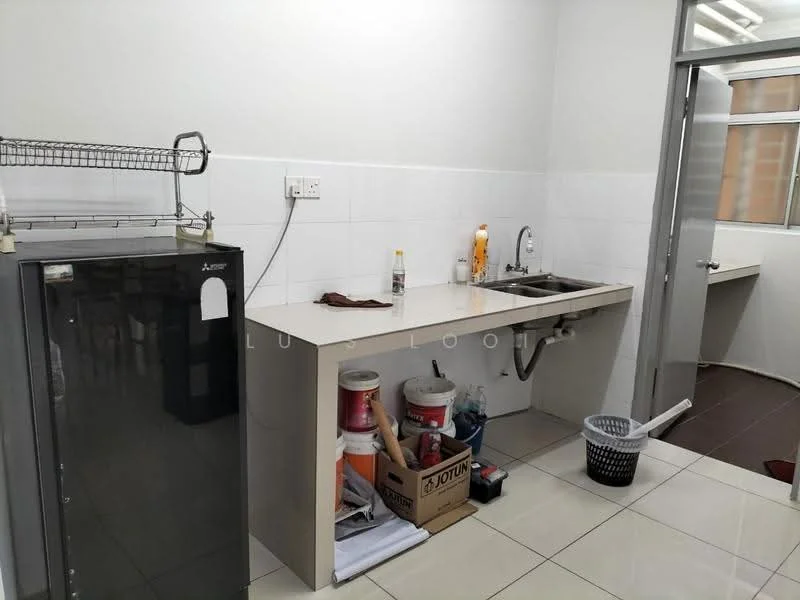 Kitchen features: white tiled walls, light grey countertop, single-bowl stainless-steel sink, chrome pull-down faucet, black refrigerator, open shelving, storage boxes, wastebasket, ceramic tile flooring, window with natural light; style: modern.