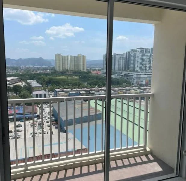 Room features: glass sliding door, balcony railing, city view, floor-to-ceiling windows, concrete flooring, outdoor space; view: city.