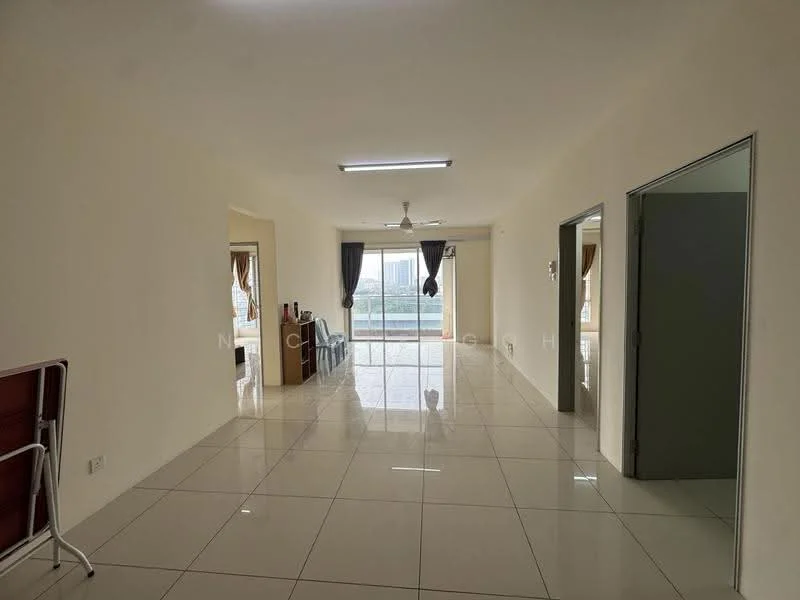 Living features: white painted walls, glossy ceramic tile flooring, recessed downlights, 5-blade ceiling fan, floor-to-ceiling windows, curtains, open layout, natural light, neutral color scheme; style: modern; view: city. Room features: white painted walls, glossy ceramic tile flooring, doorway leading to another room.