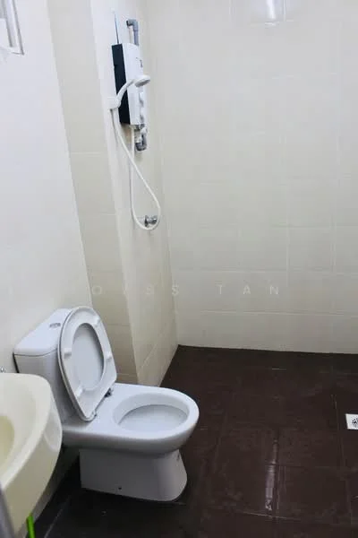 Bathroom features: white ceramic toilet, chrome basin mixer faucet, shower head with adjustable height, wall-mounted shower control, cream tiled walls, dark brown tiled flooring, built-in shower area, drainage grate on floor; style: modern.
