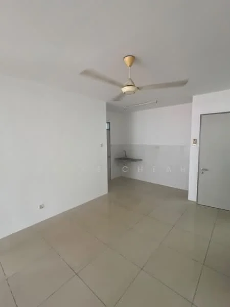 Living features: white painted walls, tile flooring, 5-blade ceiling fan with light, window with no visible treatment, open layout to kitchen area. Kitchen features: countertop with sink, wall-mounted cabinets, tile backsplash, open layout to living area.