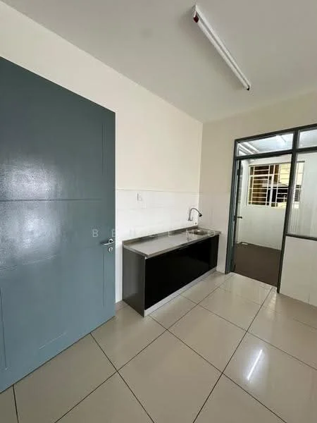 Room features: grey painted door, single-bowl stainless-steel sink, chrome faucet, black cabinetry under sink, white tiled backsplash, cream painted walls, glossy beige tile flooring, fluorescent ceiling light; style: modern.