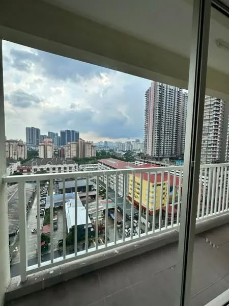 Room features: balcony with railing, city skyline view, grey tiled flooring, glass sliding door, exterior building view, cloudy sky; style: modern; view: city.
