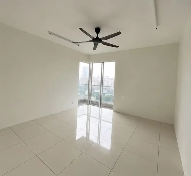 Living features: white painted walls, glossy ceramic tile flooring, 5-blade ceiling fan, floor-to-ceiling windows, city view, natural light, neutral color scheme, minimalist design; style: modern; view: city.